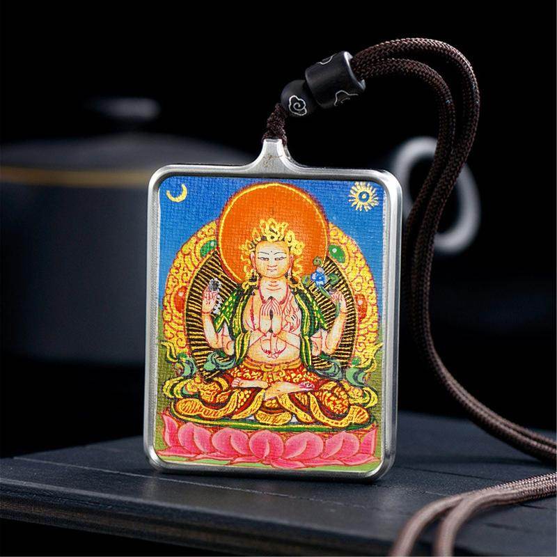 Gandhanra Handpainted Locket Thangka Amulet,Chenrezig,Avalokitesvara,Padmapani,Packed in Gau Shrine Box - Gandhanra-ART