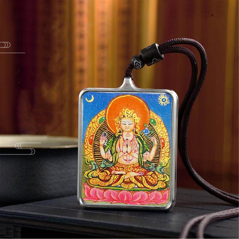 Gandhanra Handpainted Locket Thangka Amulet,Chenrezig,Avalokitesvara,Padmapani,Packed in Gau Shrine Box - Gandhanra-ART