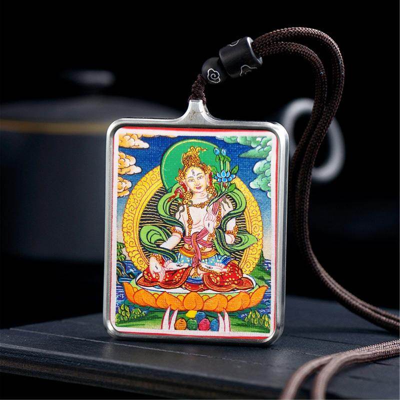 Gandhanra Handpainted Locket Thangka Amulet,White Tara,Arya Tara,Buddha of Wealth,Packed in Gau Shrine Box - Gandhanra-ART