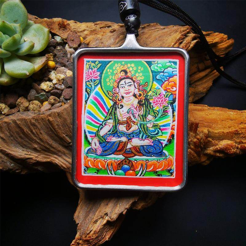 Gandhanra Handpainted Locket Thangka Amulet,White Tara,Arya Tara,Buddha of Wealth,Packed in Gau Shrine Box - Gandhanra-ART