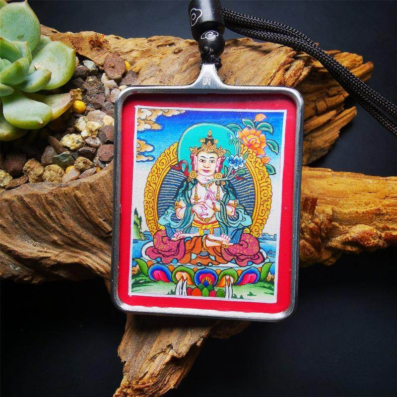 Gandhanra Handpainted Locket Thangka Amulet,White Tara,Arya Tara,Buddha of Wealth,Packed in Gau Shrine Box - Gandhanra-ART