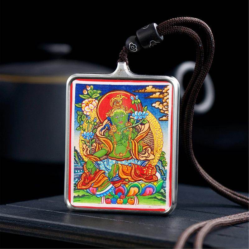 Gandhanra Handpainted Locket Thangka Amulet,Green Tara,Jetsun Dolma,Buddha of Wealth,Packed in Gau Shrine Box - Gandhanra-ART