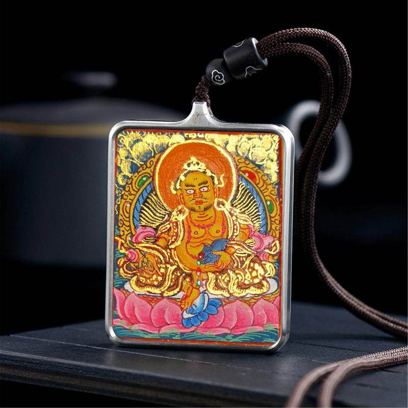Gandhanra Handpainted Locket Thangka Amulet,Yellow Jambhala,Dzambhala,Vaisravana,Buddha of Wealth,Packed in Gau Shrine Box - Gandhanra-ART