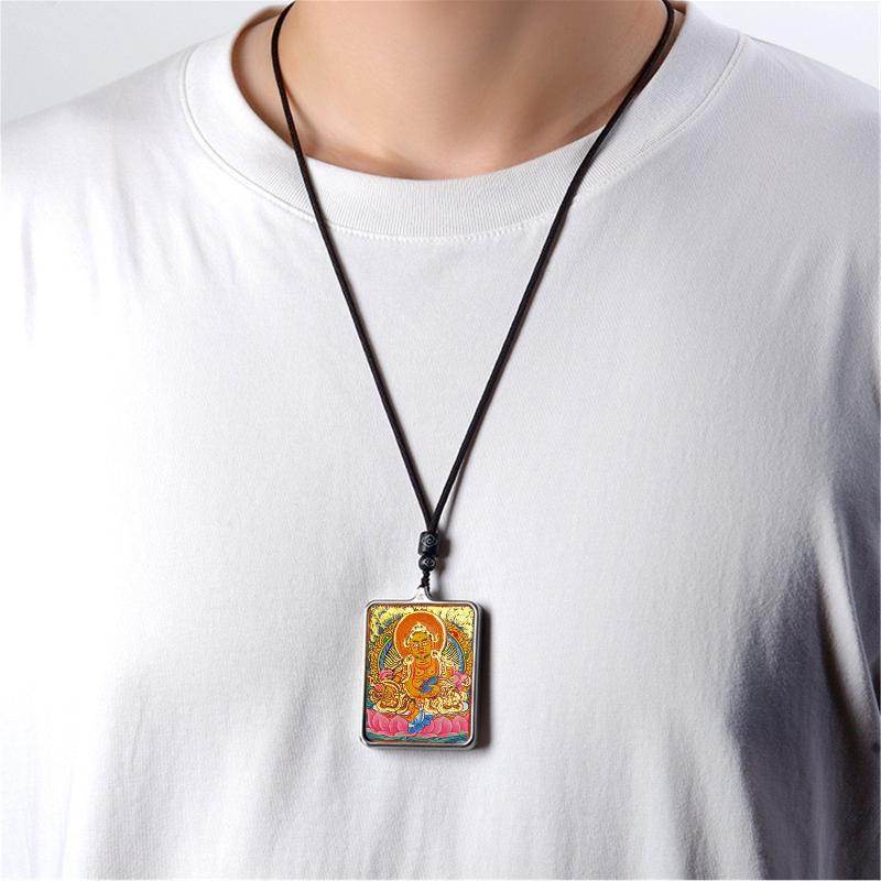 Gandhanra Handpainted Locket Thangka Amulet,Yellow Jambhala,Dzambhala,Vaisravana,Buddha of Wealth,Packed in Gau Shrine Box - Gandhanra-ART