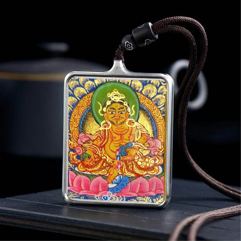 Gandhanra Handpainted Locket Thangka Amulet,Yellow Jambhala,Dzambhala,Vaisravana,Buddha of Wealth,Packed in Gau Shrine Box - Gandhanra-ART