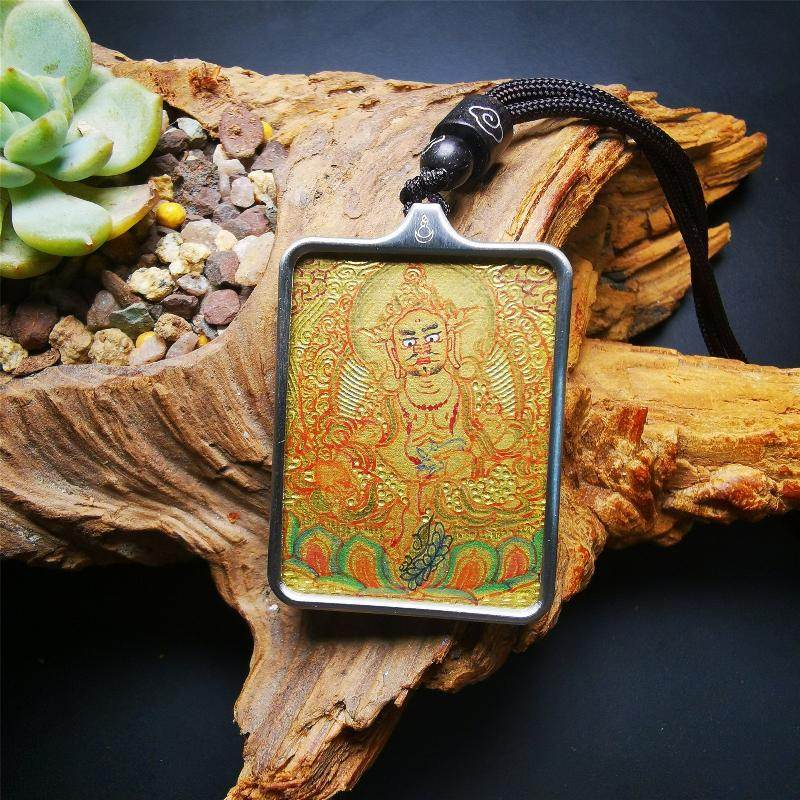 Gandhanra Handpainted Locket Thangka Amulet,Yellow Jambhala,Dzambhala,Vaisravana,Buddha of Wealth,Packed in Gau Shrine Box - Gandhanra-ART
