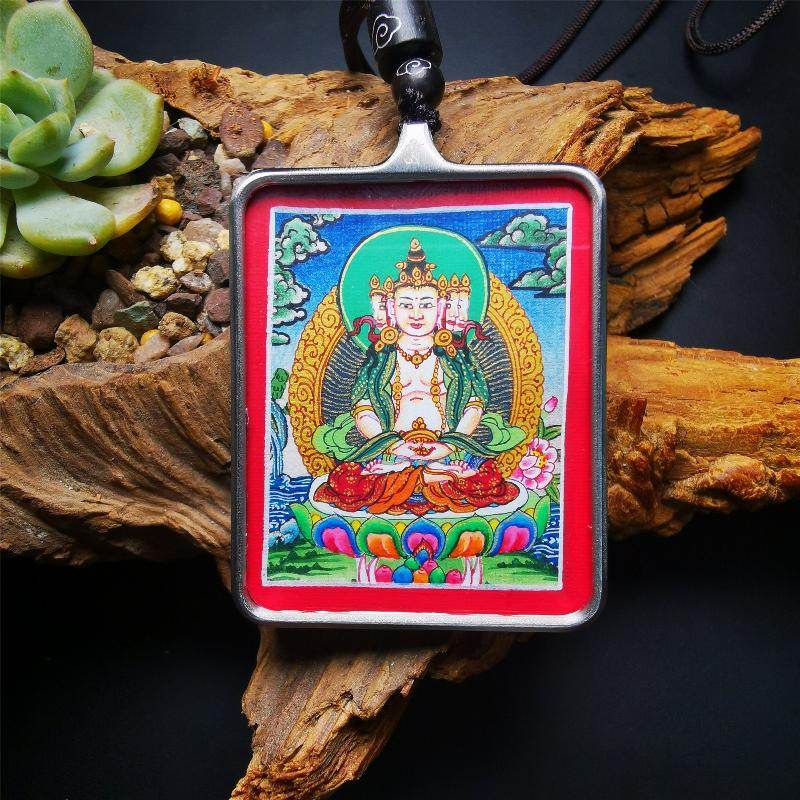 Gandhanra Handpainted Locket Thangka Amulet,Vairocana,Cosmic Buddha, Primordial Buddha,Packed in Gau Shrine Box - Gandhanra-ART