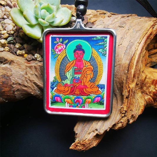 Gandhanra Handpainted Locket Thangka Amulet,Shakyamuni,Gautama Buddha,Packed in Gau Shrine Box - Gandhanra-ART