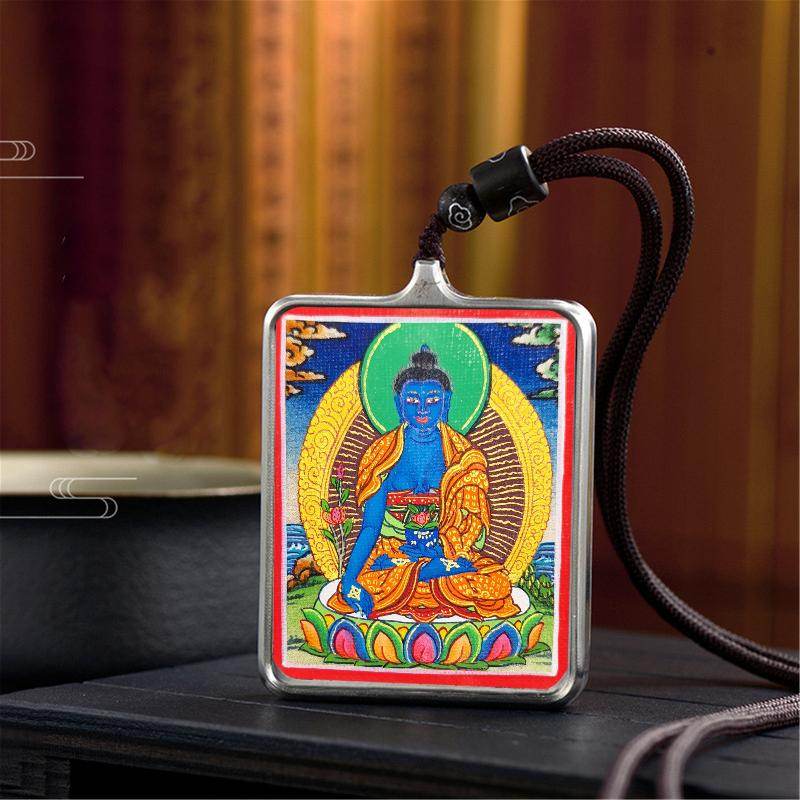 Gandhanra Handpainted Locket Thangka Amulet,Bhaisajyaguru,Medicine Buddha,Packed in Gau Shrine Box - Gandhanra-ART