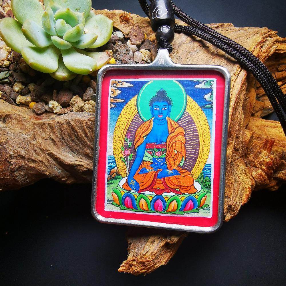Gandhanra Handpainted Locket Thangka Amulet,Bhaisajyaguru,Medicine Buddha,Packed in Gau Shrine Box - Gandhanra-ART