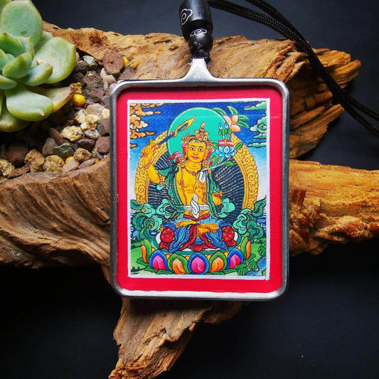 Gandhanra Handpainted Locket Thangka Amulet,Manjusri,Wisdom Buddha,Packed in Gau Shrine Box - Gandhanra-ART