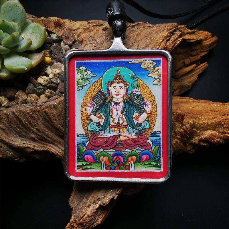 Gandhanra Handpainted Locket Thangka Amulet,Chenrezig,Avalokitesvara,Padmapani,Packed in Gau Shrine Box - Gandhanra-ART