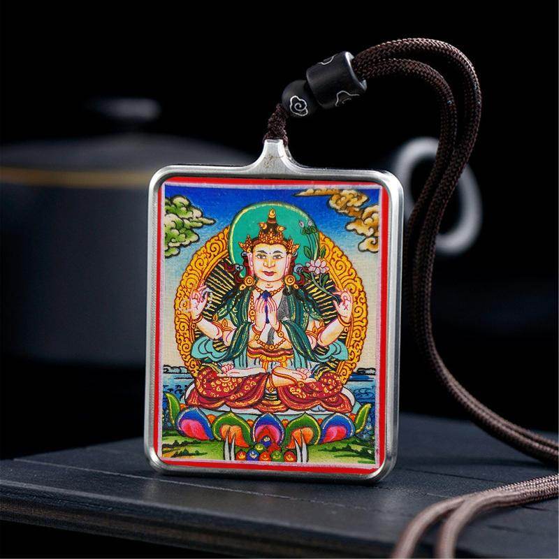 Gandhanra Handpainted Locket Thangka Amulet,Chenrezig,Avalokitesvara,Padmapani,Packed in Gau Shrine Box - Gandhanra-ART