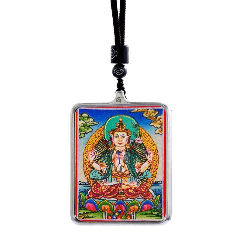 Gandhanra Handpainted Locket Thangka Amulet,Chenrezig,Avalokitesvara,Padmapani,Packed in Gau Shrine Box - Gandhanra-ART