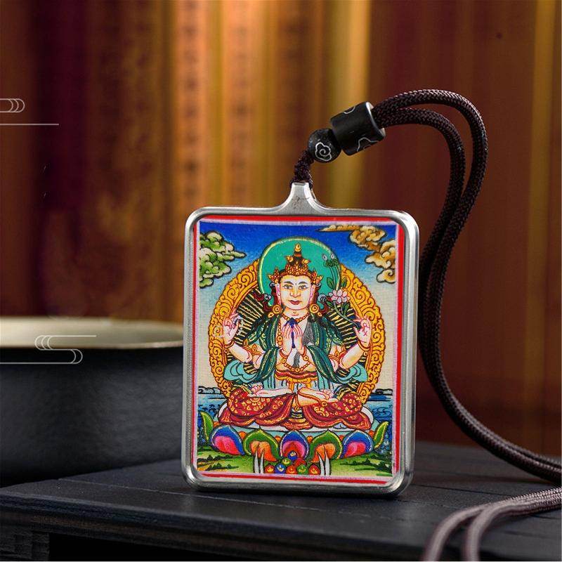 Gandhanra Handpainted Locket Thangka Amulet,Chenrezig,Avalokitesvara,Padmapani,Packed in Gau Shrine Box - Gandhanra-ART