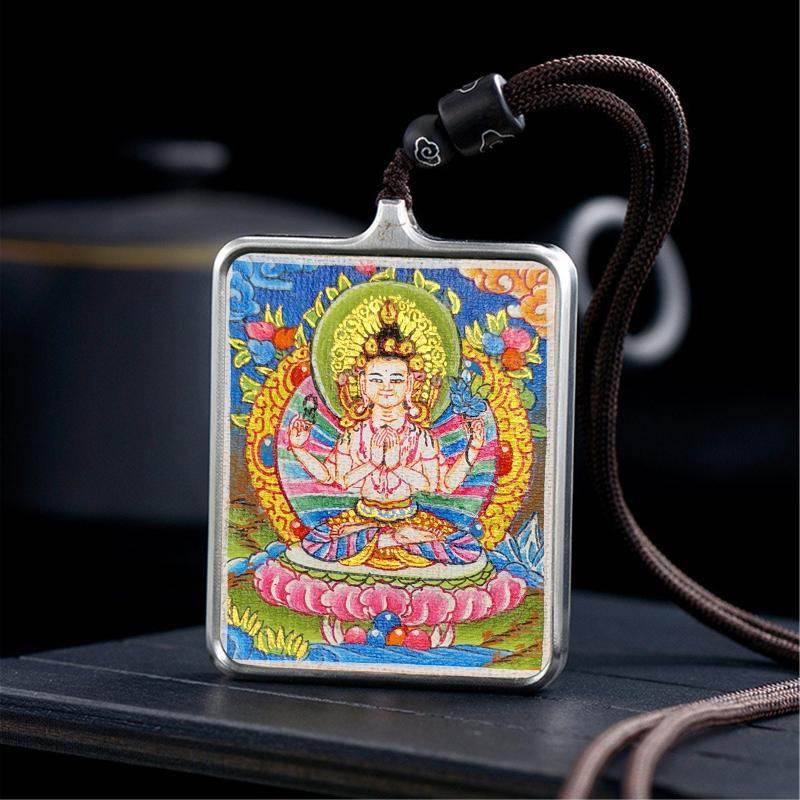 Gandhanra Handpainted Locket Thangka Amulet,Chenrezig,Avalokitesvara,Padmapani,Packed in Gau Shrine Box - Gandhanra-ART