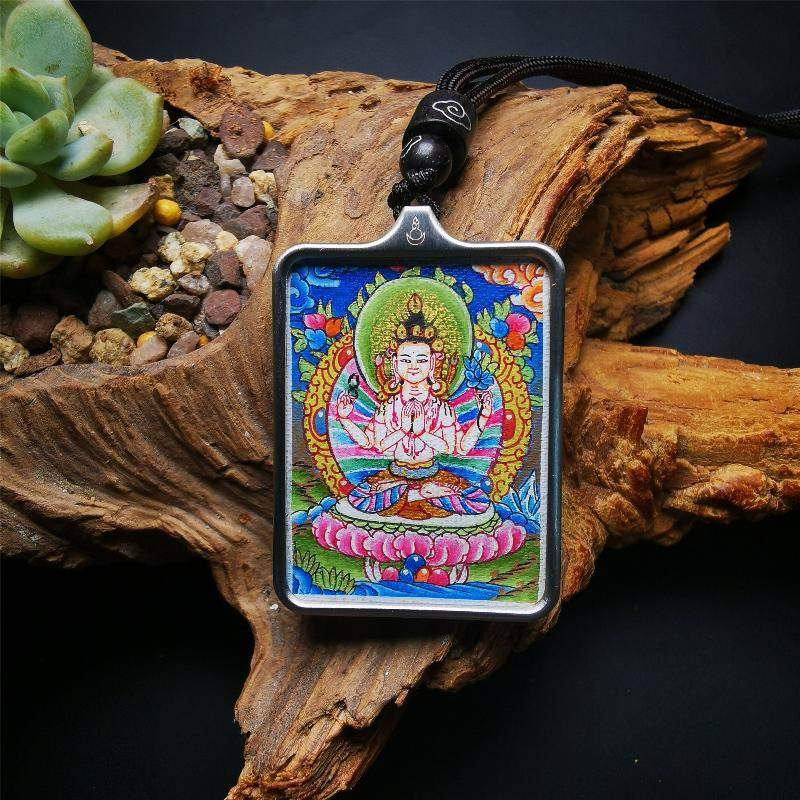 Gandhanra Handpainted Locket Thangka Amulet,Chenrezig,Avalokitesvara,Padmapani,Packed in Gau Shrine Box - Gandhanra-ART