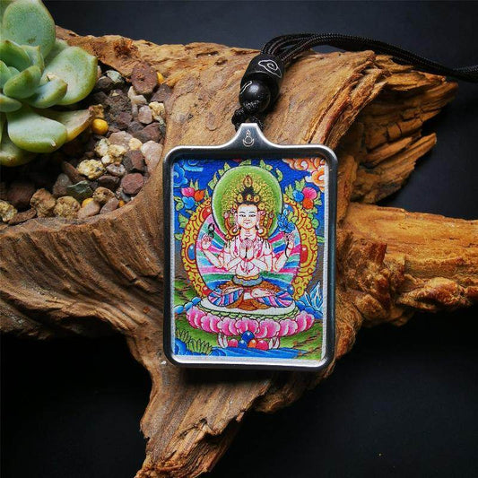 Gandhanra Handpainted Locket Thangka Amulet,Chenrezig,Avalokitesvara,Padmapani,Packed in Gau Shrine Box - Gandhanra-ART