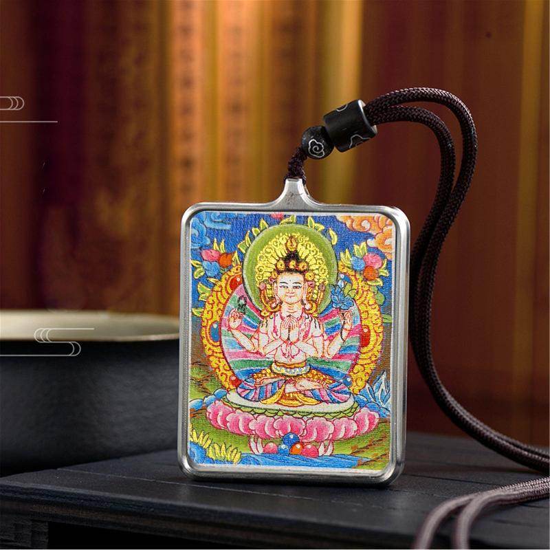 Gandhanra Handpainted Locket Thangka Amulet,Chenrezig,Avalokitesvara,Padmapani,Packed in Gau Shrine Box - Gandhanra-ART