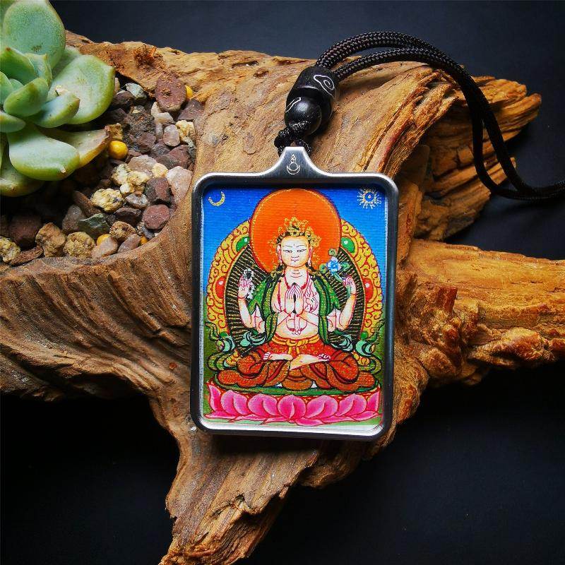 Gandhanra Handpainted Locket Thangka Amulet,Chenrezig,Avalokitesvara,Padmapani,Packed in Gau Shrine Box - Gandhanra-ART