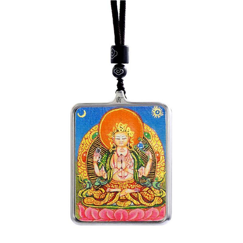 Gandhanra Handpainted Locket Thangka Amulet,Chenrezig,Avalokitesvara,Padmapani,Packed in Gau Shrine Box - Gandhanra-ART