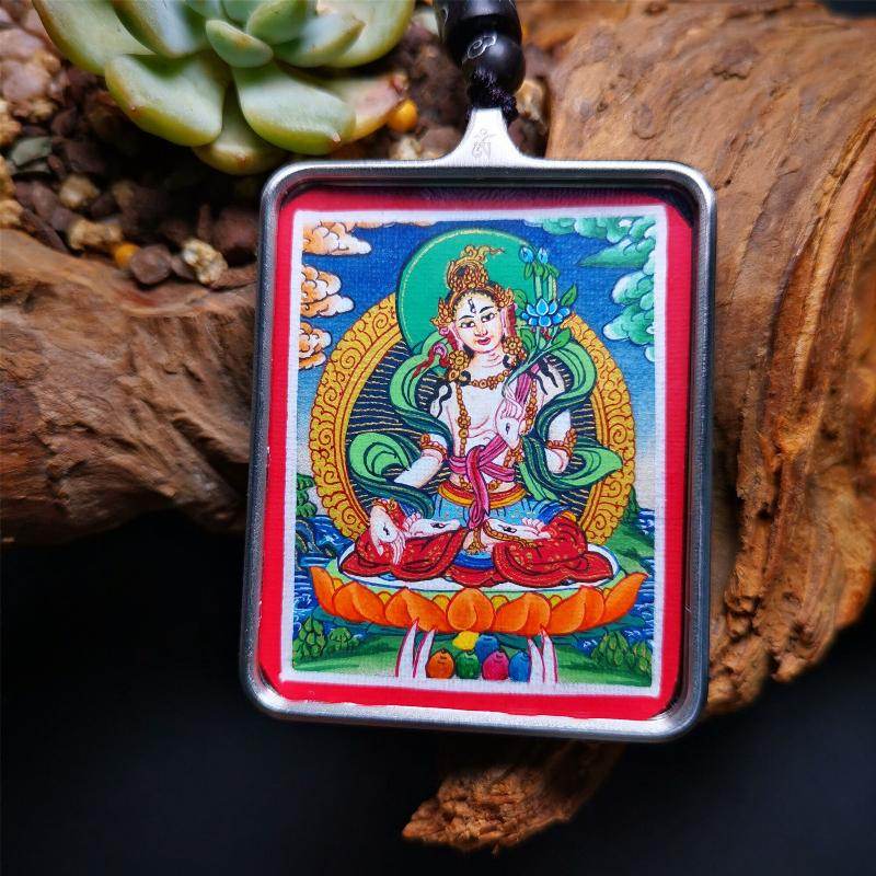 Gandhanra Handpainted Locket Thangka Amulet,White Tara,Arya Tara,Buddha of Wealth,Packed in Gau Shrine Box - Gandhanra-ART