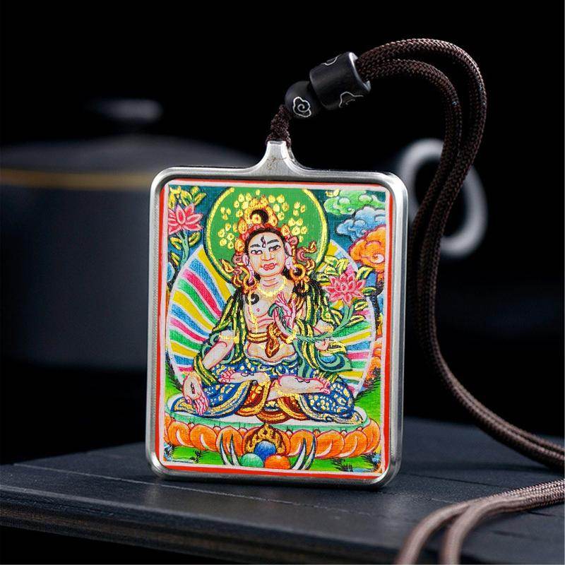 Gandhanra Handpainted Locket Thangka Amulet,White Tara,Arya Tara,Buddha of Wealth,Packed in Gau Shrine Box - Gandhanra-ART