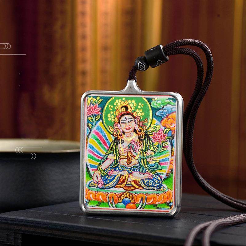 Gandhanra Handpainted Locket Thangka Amulet,White Tara,Arya Tara,Buddha of Wealth,Packed in Gau Shrine Box - Gandhanra-ART
