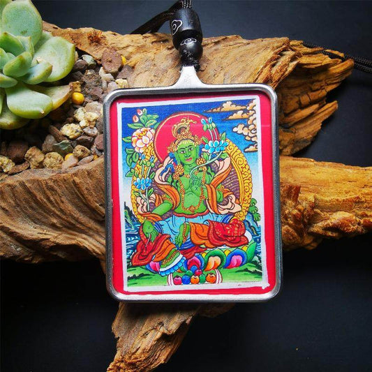Gandhanra Handpainted Locket Thangka Amulet,Green Tara,Jetsun Dolma,Buddha of Wealth,Packed in Gau Shrine Box - Gandhanra-ART