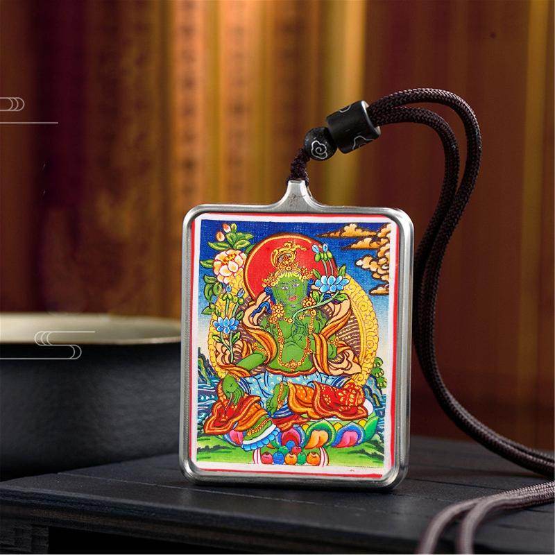 Gandhanra Handpainted Locket Thangka Amulet,Green Tara,Jetsun Dolma,Buddha of Wealth,Packed in Gau Shrine Box - Gandhanra-ART