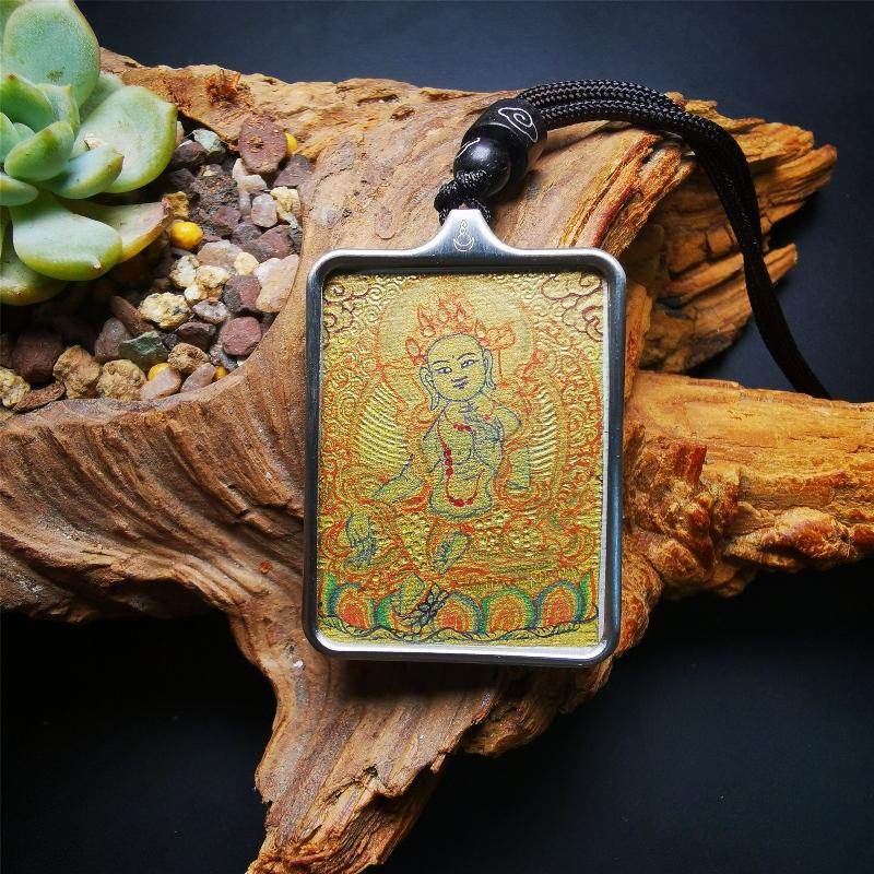 Gandhanra Handpainted Locket Thangka Amulet,Green Tara,Jetsun Dolma,Buddha of Wealth,Packed in Gau Shrine Box - Gandhanra-ART