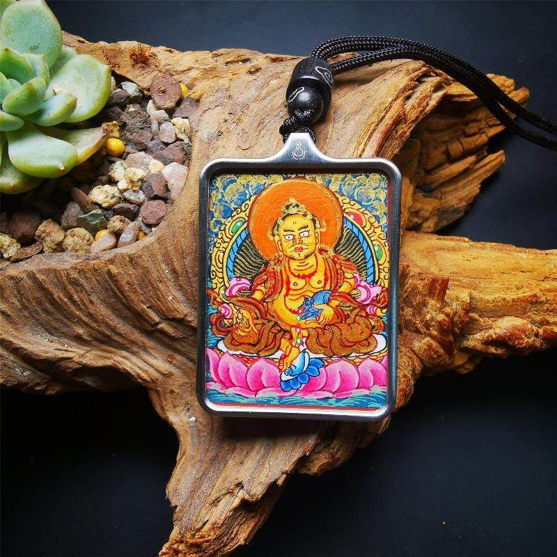Gandhanra Handpainted Locket Thangka Amulet,Yellow Jambhala,Dzambhala,Vaisravana,Buddha of Wealth,Packed in Gau Shrine Box - Gandhanra-ART