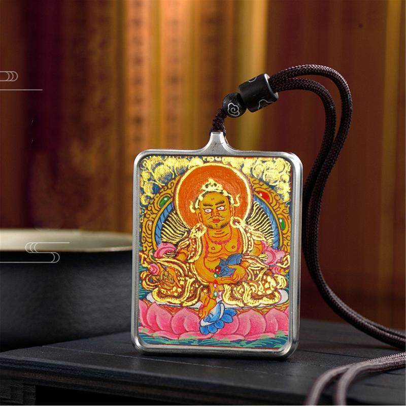 Gandhanra Handpainted Locket Thangka Amulet,Yellow Jambhala,Dzambhala,Vaisravana,Buddha of Wealth,Packed in Gau Shrine Box - Gandhanra-ART