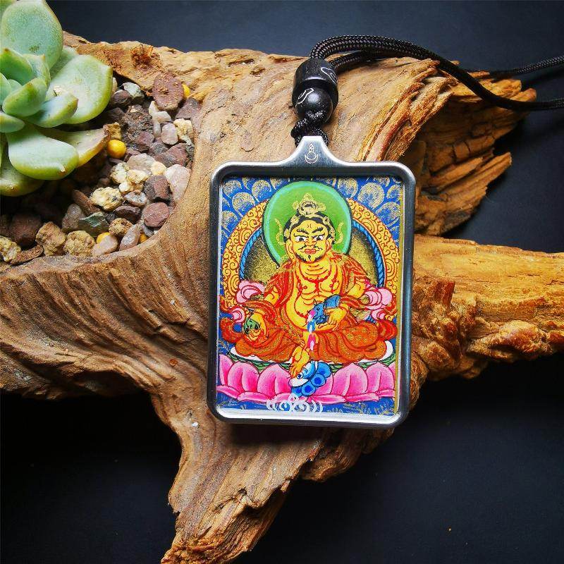 Gandhanra Handpainted Locket Thangka Amulet,Yellow Jambhala,Dzambhala,Vaisravana,Buddha of Wealth,Packed in Gau Shrine Box - Gandhanra-ART
