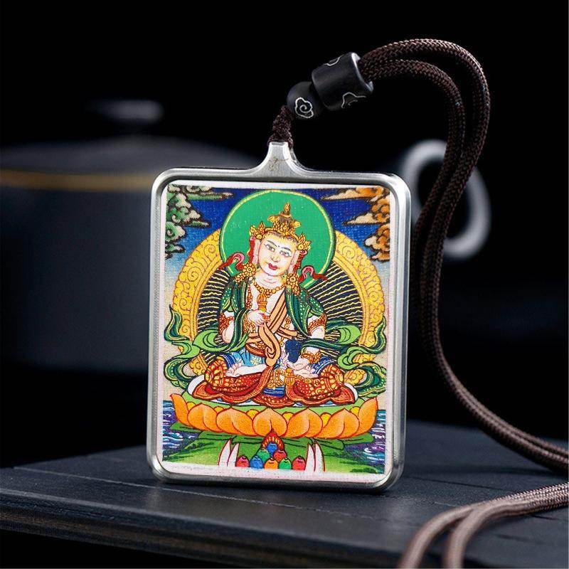 Gandhanra Handpainted Locket Thangka Amulet,Yellow Jambhala,Dzambhala,Vaisravana,Buddha of Wealth,Packed in Gau Shrine Box - Gandhanra-ART