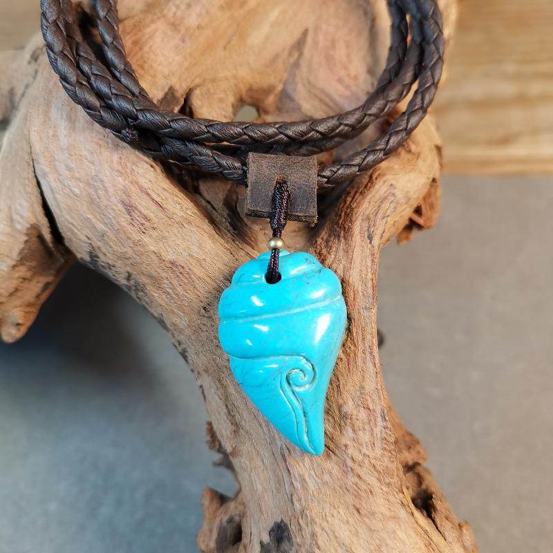 Gandhanra Handmade Tibetan Shankha Amulet,Turquoise Carved Conch Pendant with Leather Cord - Gandhanra-ART