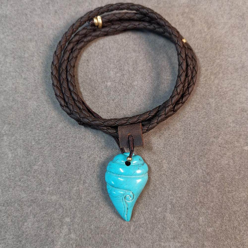 Gandhanra Handmade Tibetan Shankha Amulet,Turquoise Carved Conch Pendant with Leather Cord - Gandhanra-ART