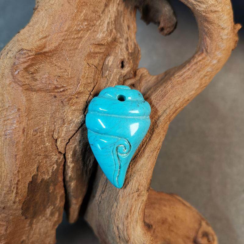 Gandhanra Handmade Tibetan Shankha Amulet,Turquoise Carved Conch Pendant with Leather Cord - Gandhanra-ART