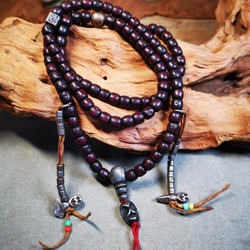 Gandhanra Handmade Antique 108 Lotus Beads Mala with Cold Iron Amulet Beads and Counters,Old Prayer Beads Necklace - Gandhanra-ART
