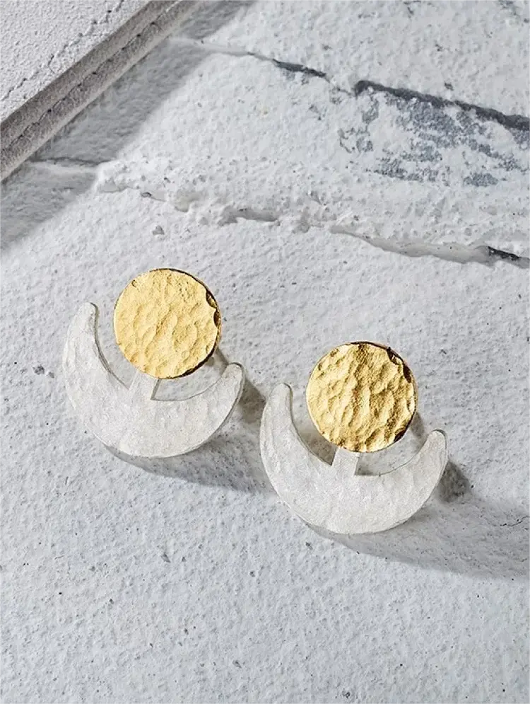 Sun and Moon Radiance Earrings | Handcrafted hammered design, adjustable size - Gandhanra-ART