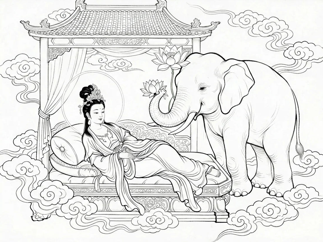 Queen Maya dreams of a white elephant carrying a white lotus, the Buddha's conception omen — from gandhanra.art