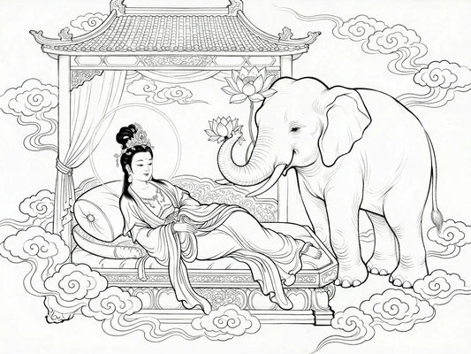 Queen Maya dreams of a white elephant carrying a white lotus, the Buddha's conception omen — from gandhanra.art