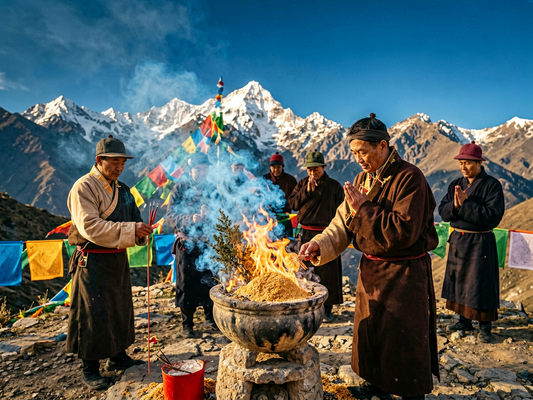 Tibetan pilgrims performing Sang incense offering on a sacred mountain peak, the place closest to heaven