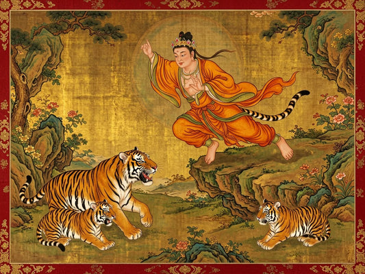 A prince leaps from a cliff toward a starving striped tigress in the Sattva Jataka, Tibetan thangka style — from gandhanra.art