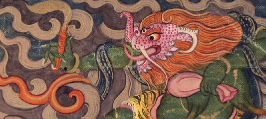 Ocean monster spitting out treasures on the throne: The Himalayan water creature (ཆུ་སྲིན་)