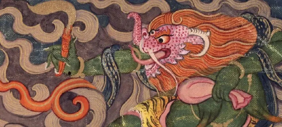 Ocean monster spitting out treasures on the throne: The Himalayan water creature (ཆུ་སྲིན་) - Gandhanra-ART
