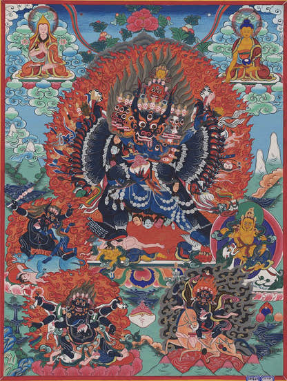 Vajrabhairava / Yamantaka - 17th Century Old Version - Tibetan thangka painting, front view
