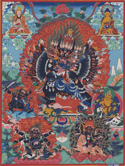 Gandhanra Tibetan Thangka Art - Vajrabhairava-Yamāntaka - from Kathok Monastery - Giclee Print with Mineral Pigments
