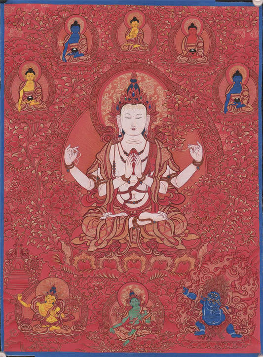 Chenrezig - Tibetan thangka painting, front view