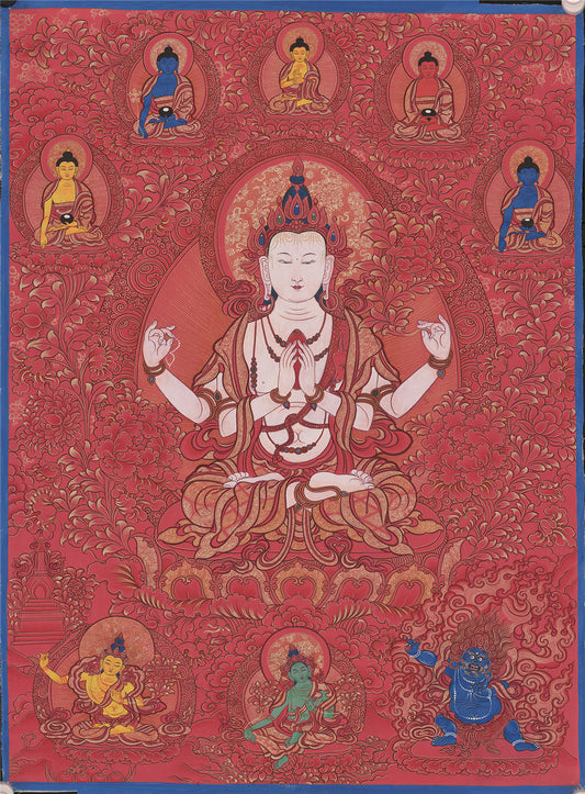 Gandhanra Tibetan Thangka Art - Chenrezig - Padmapani - from Kathok Monastery - Giclee Print with Mineral Pigments